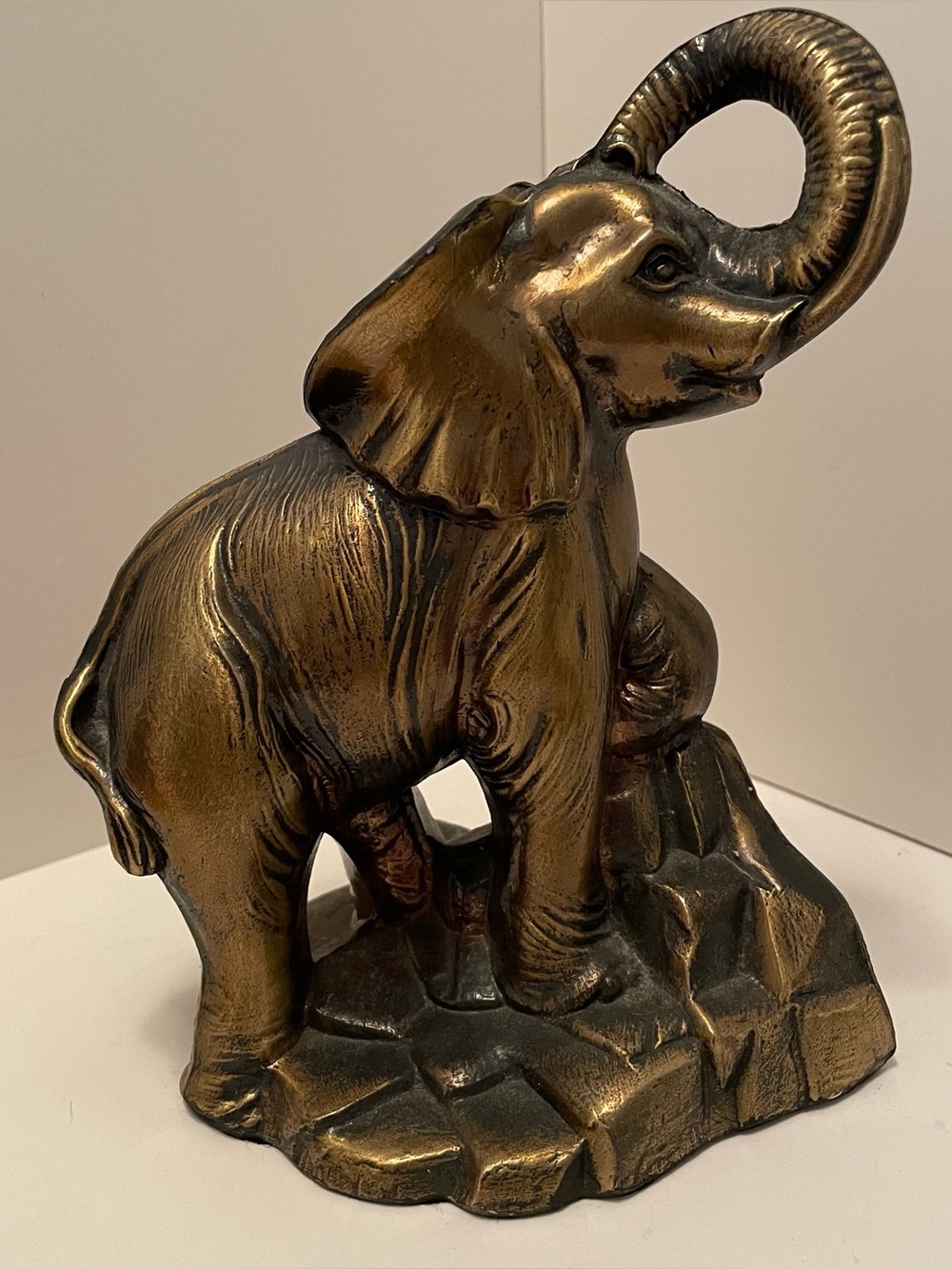 Vintage 1975 S.C.C. Elephant Bookend Gold Plated Cast Metal Trunk Up